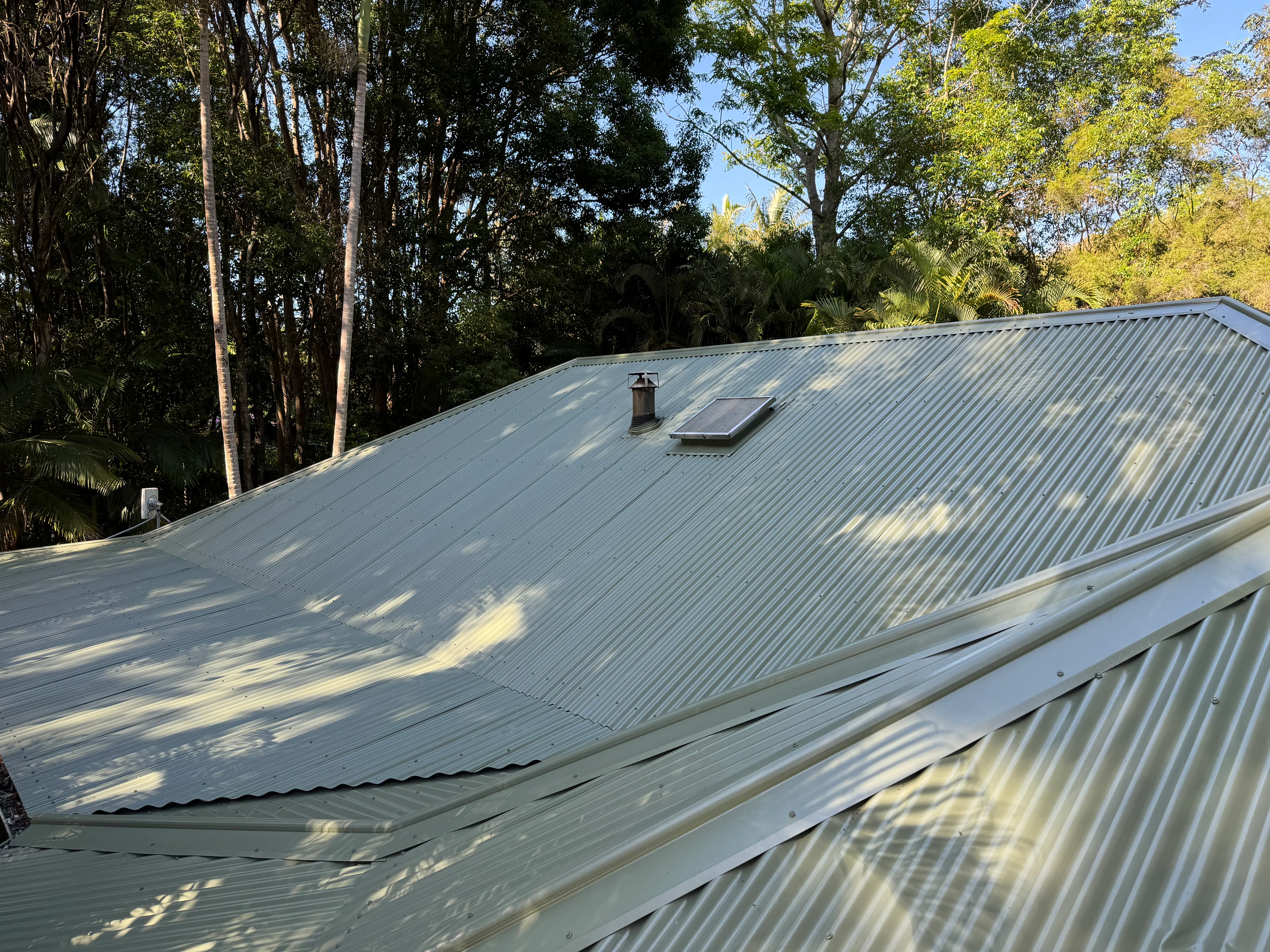 Painted corrugated metal roof in a pale green finish, with a flue and skylight, surrounded by trees.